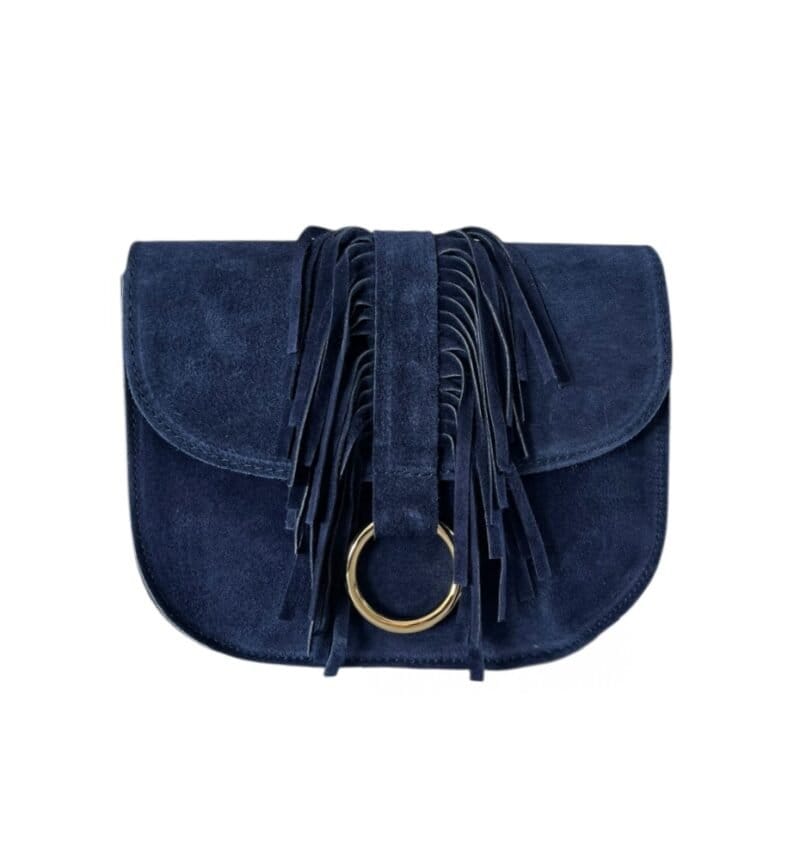 Suede Halve Maan Fringe donker blauw blauwe navy stevige suede schoudertassen crossbodytassen franjes kopen bestellen