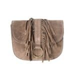 Suede Halve Maan Fringe taupe stevige suede schoudertassen crossbodytassen franjes kopen bestellen