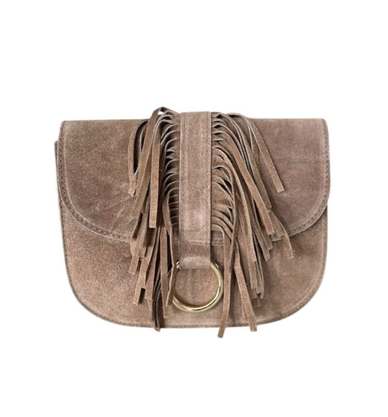 Suede Halve Maan Fringe taupe stevige suede schoudertassen crossbodytassen franjes kopen bestellen