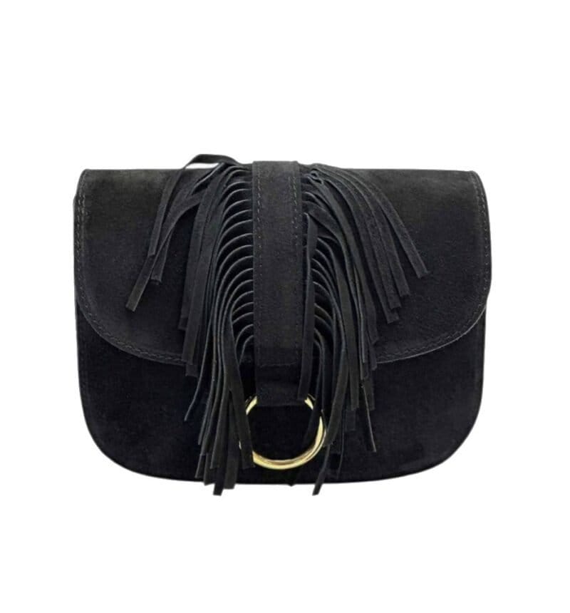 Suede Halve Maan Fringe zwart zwarte stevige suede schoudertassen crossbodytassen franjes kopen bestellen