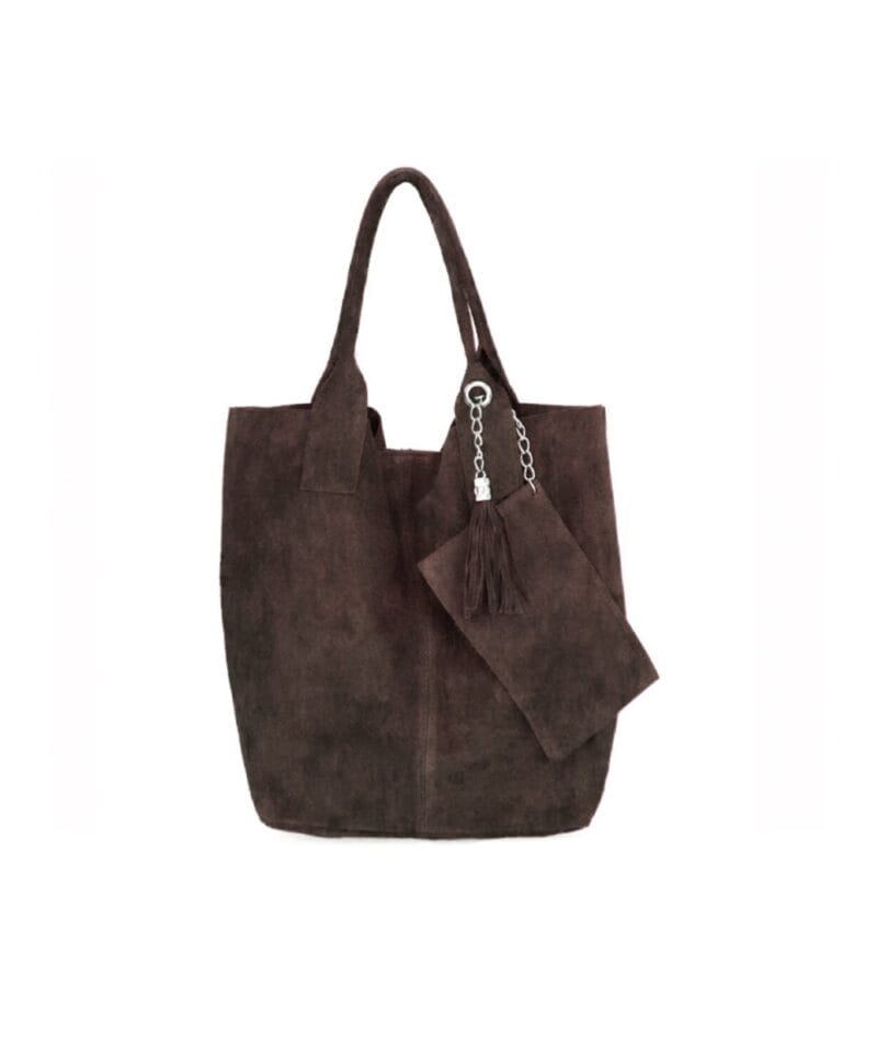 Suede Handtas Arianna donker bruin bruine suede leer handtassen shoppers exra etui fashion bags kopen bestellen1