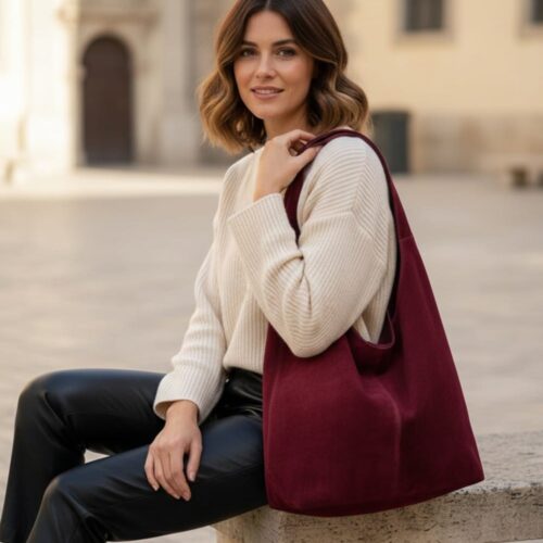 Suede Handtas Monica bordeaux leren boho tassen trendy shoppers kopen bestellen online hobo bags model