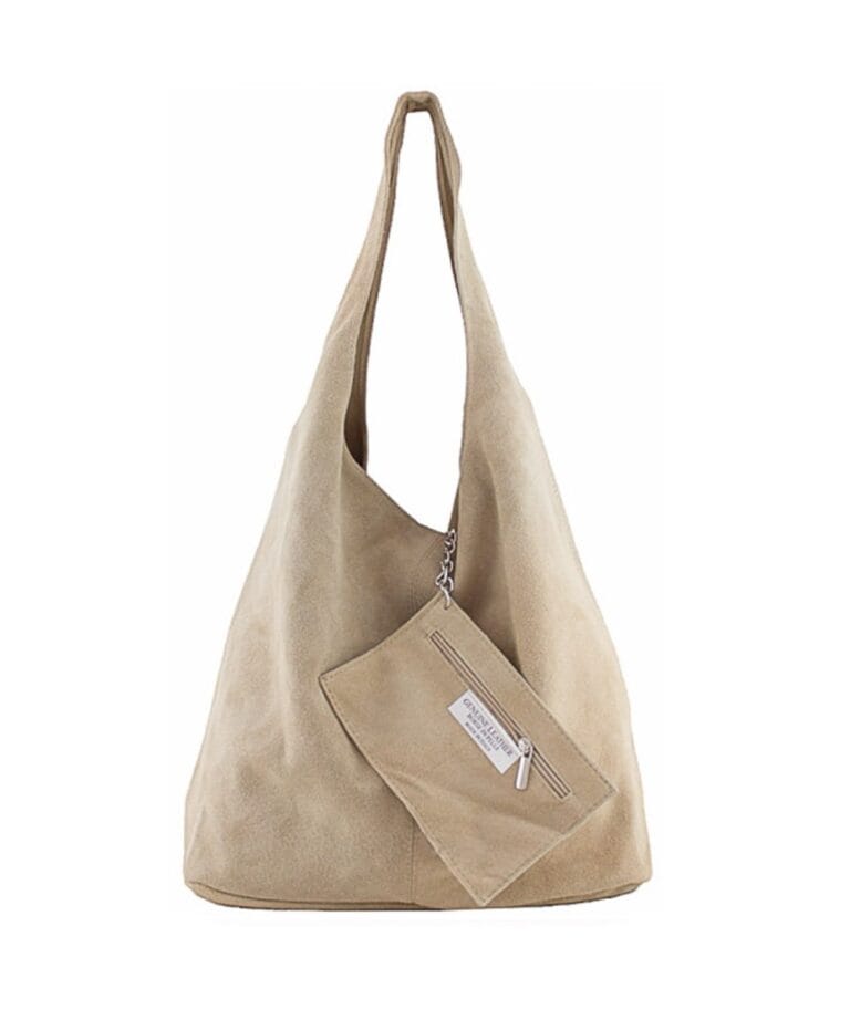 Suede Handtas Monica taupe suede leren boho tassen trendy shoppers kopen bestellen online hobo bags