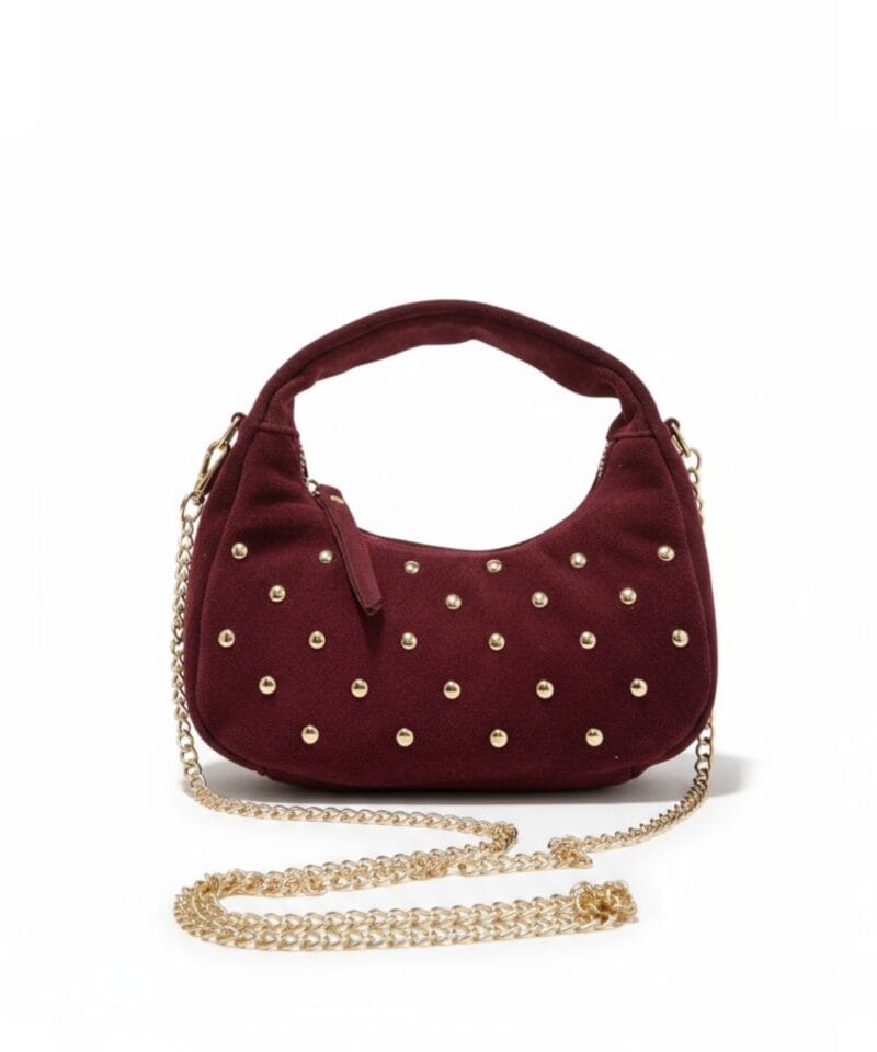 Suede Handtas Studs en Gold Chain bordeaux chique kleine handtas gouden studs en kettinghengsel crossbodytassen kopen bestellen