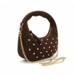Suede Handtas Studs en Gold Chain donker bruin bruine chique kleine handtas gouden studs en kettinghengsel crossbodytassen kopen bestellen