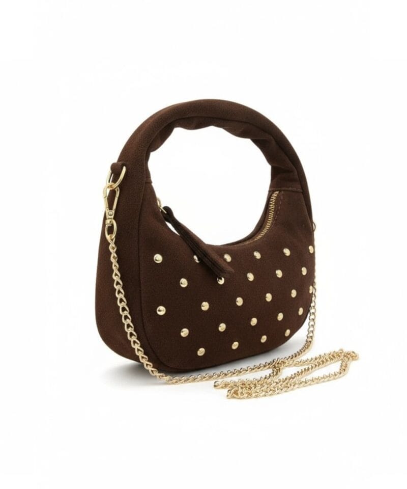 Suede Handtas Studs en Gold Chain donker bruin bruine chique kleine handtas gouden studs en kettinghengsel crossbodytassen kopen bestellen