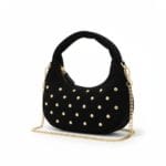 Suede Handtas Studs en Gold Chain zwart zwarte chique kleine handtas gouden studs en kettinghengsel crossbodytassen kopen bestellen zij