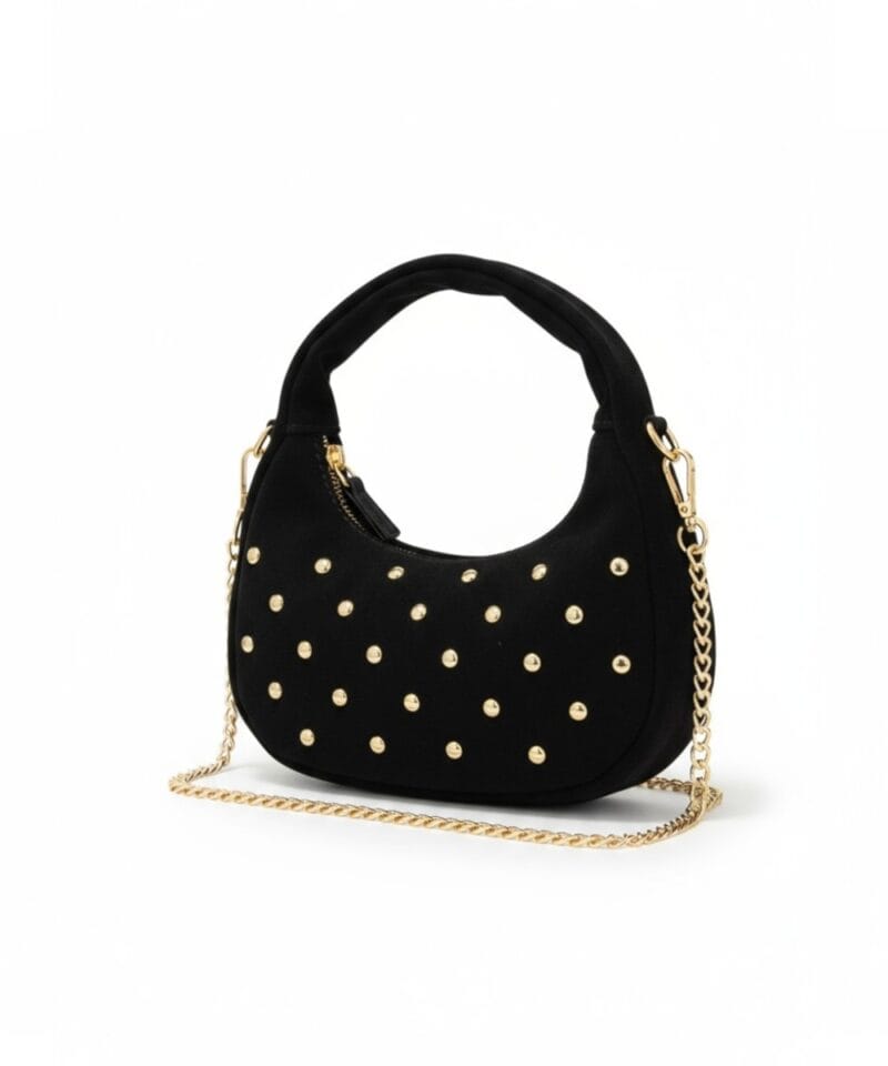 Suede Handtas Studs en Gold Chain zwart zwarte chique kleine handtas gouden studs en kettinghengsel crossbodytassen kopen bestellen zij