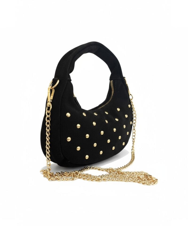 Suede Handtas Studs en Gold Chain zwart zwarte chique kleine handtas gouden studs en kettinghengsel crossbodytassen kopen bestellen zijkant
