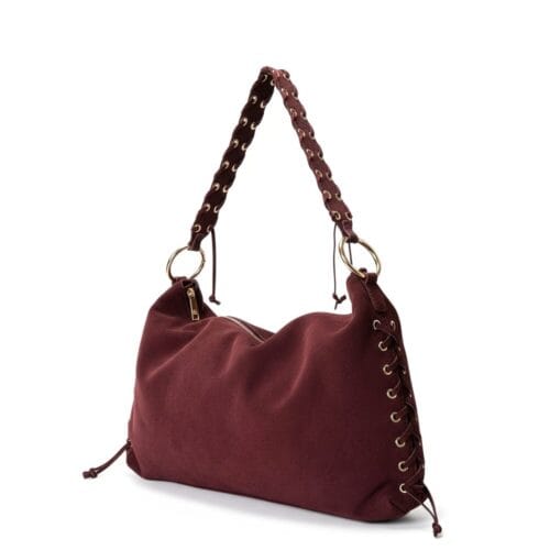 Suède Schoudertas Beau bordeaux ruime suede schoudertas veters goud beslag chique boho tassen kopen bestellen