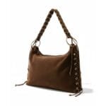 Suède Schoudertas Beau donker bruin bruine ruime suede schoudertas veters goud beslag chique boho tassen kopen bestellen