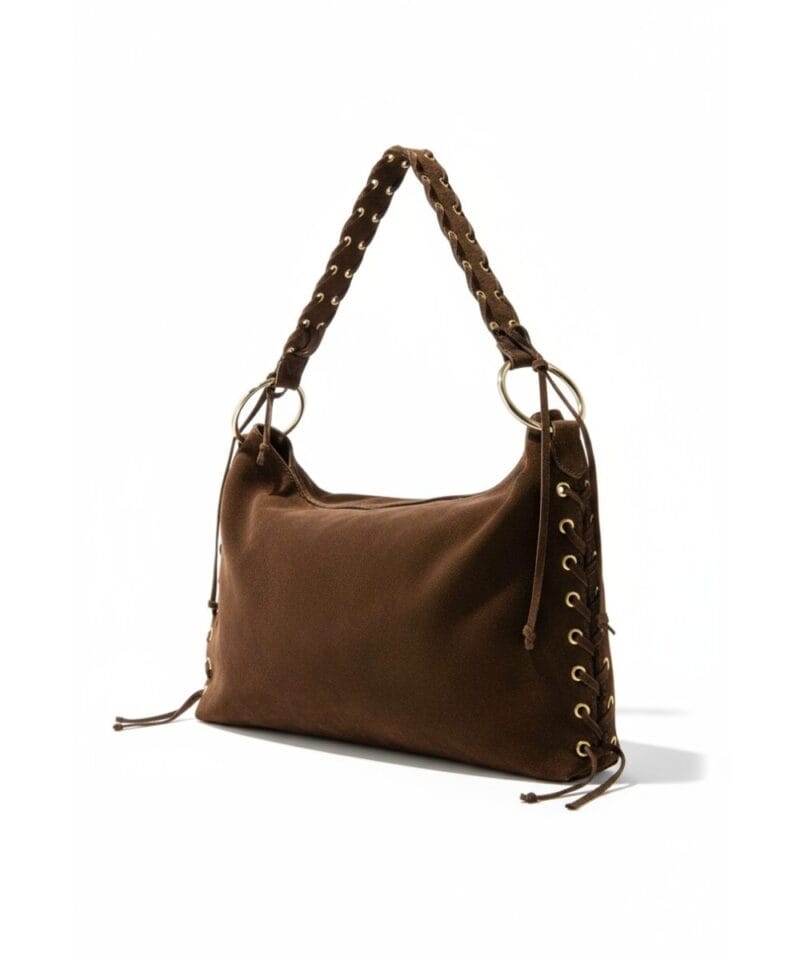 Suède Schoudertas Beau donker bruin bruine ruime suede schoudertas veters goud beslag chique boho tassen kopen bestellen