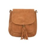 Suède Schoudertas Boho cognac suede schoudertassen boho tas met kwastje leer italiaans suede kopen bestellen