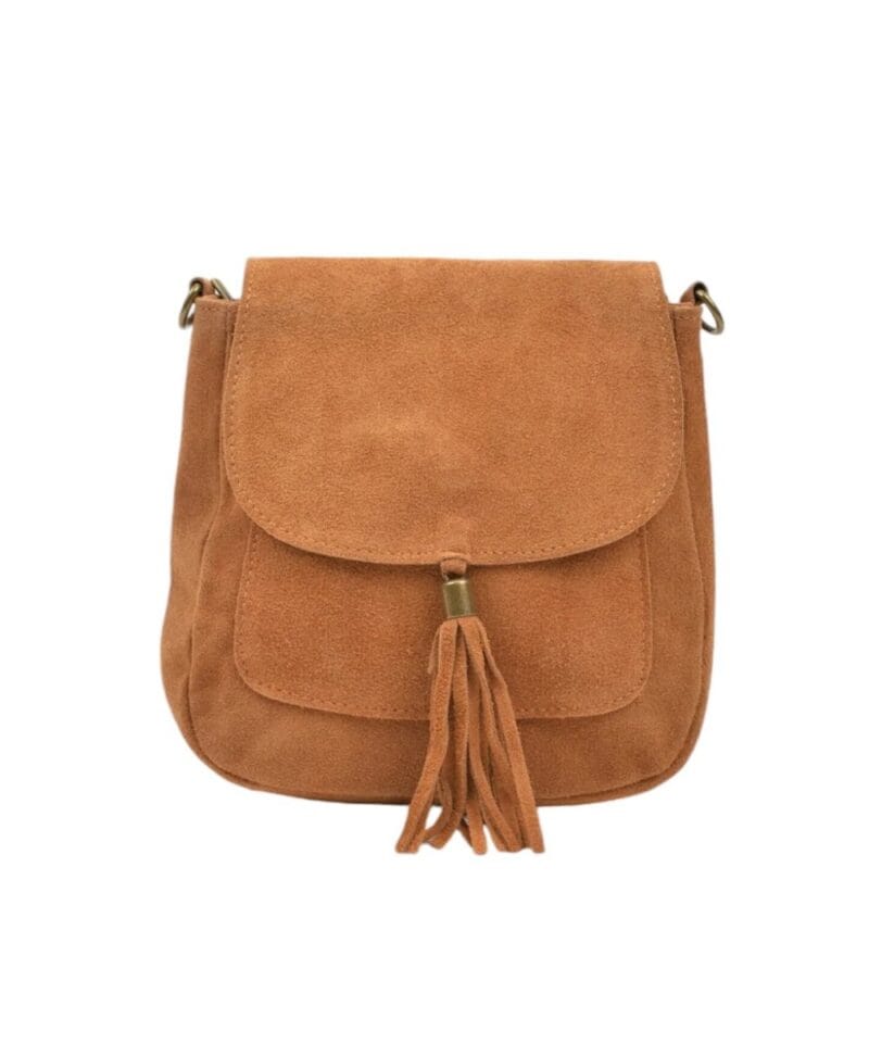 Suède Schoudertas Boho cognac suede schoudertassen boho tas met kwastje leer italiaans suede kopen bestellen