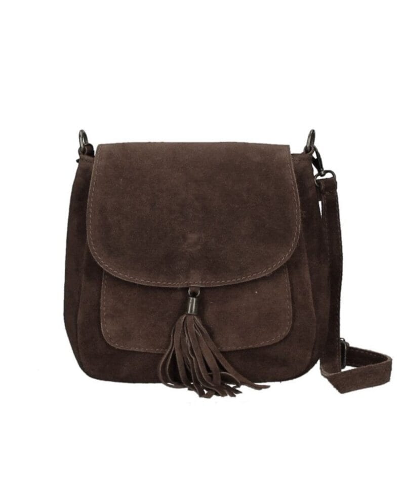 Suède Schoudertas Boho donker bruin bruine suede schoudertassen boho tas met kwastje leer italiaans suede kopen bestellen