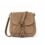 Suède Schoudertas Boho donker taupe suede schoudertassen boho tas met kwastje leer italiaans suede kopen bestellen voor2