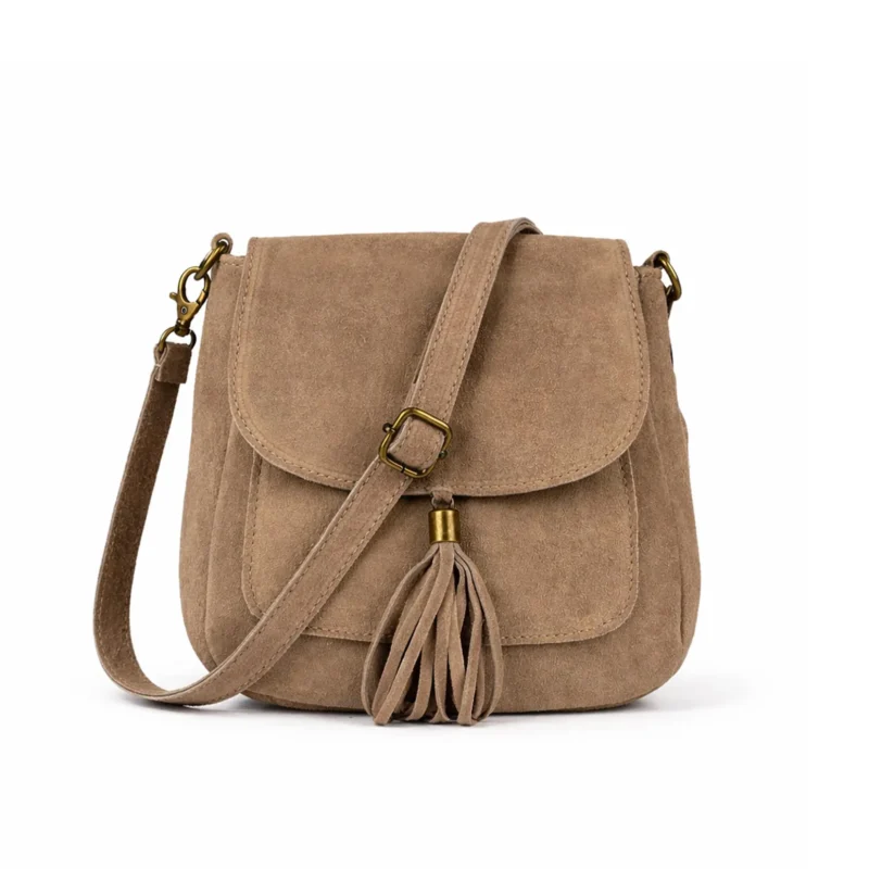 Suède Schoudertas Boho donker taupe suede schoudertassen boho tas met kwastje leer italiaans suede kopen bestellen voor2