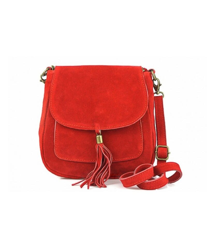 Suède Schoudertas Boho rood rode suede schoudertassen boho tas met kwastje leer italiaans suede kopen bestellen