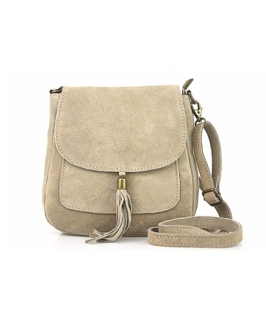 Suède Schoudertas Boho taupe suede schoudertassen boho tas met kwastje leer italiaans suede kopen bestellen