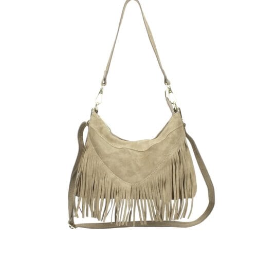 Suede Schoudertas Fiorella Fringe taupe ruime schoudertas crossbodytas leren franjes boho tassen kopen bestellen