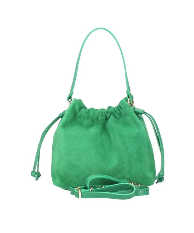 Suede Schoudertas Furia groen groene suede leren tassen leren hengsel en onderkant italiaans leren tassen kopen bestellen achterkant