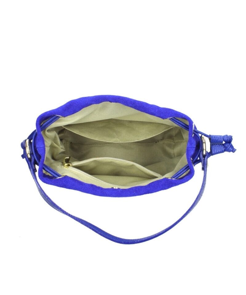 Suede Schoudertas Furia kobalt blauw blauwe suede leren tassen leren hengsel en onderkant italiaans leren tassen kopen bestellen open