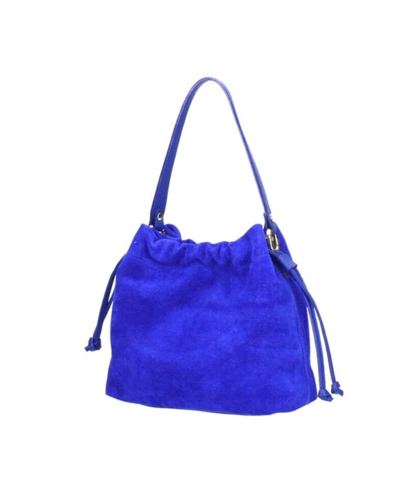 Suede Schoudertas Furia kobalt blauw blauwe suede leren tassen leren hengsel en onderkant italiaans leren tassen kopen bestellen zij
