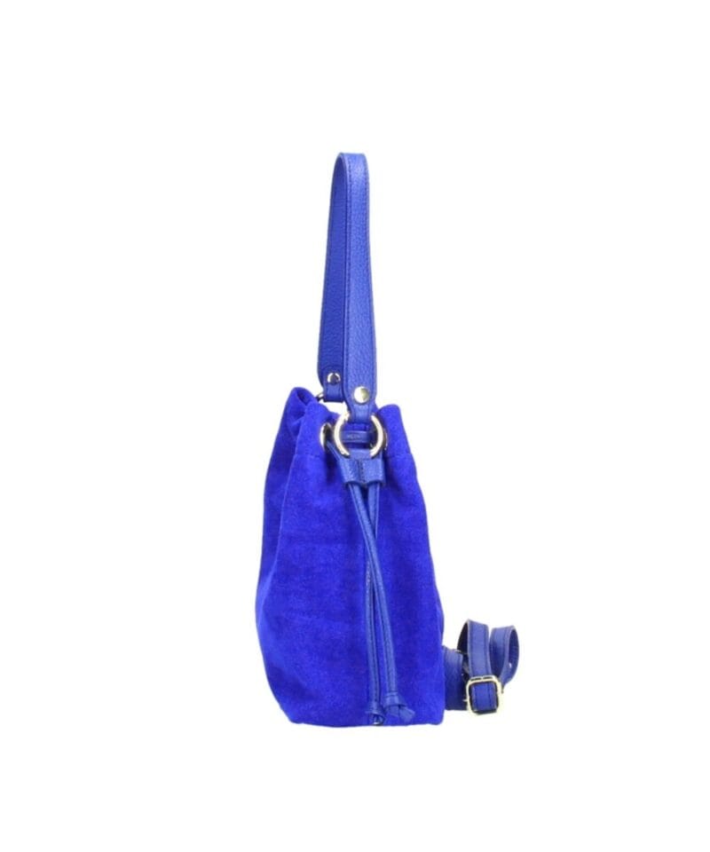 Suede Schoudertas Furia kobalt blauw blauwe suede leren tassen leren hengsel en onderkant italiaans leren tassen kopen bestellen zijkant