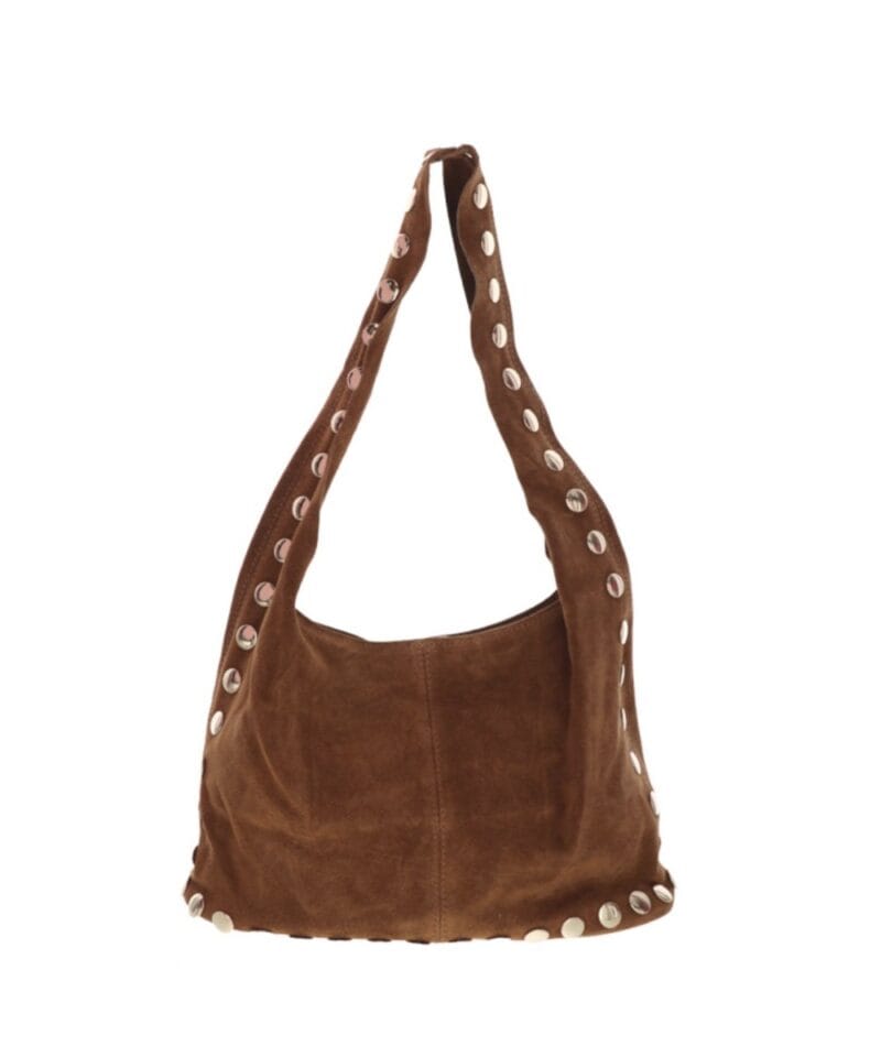 Suede Schoudertas Gouden Studs bruin bruine trendy suede hobo tas grote gouden studs kopen bestellen