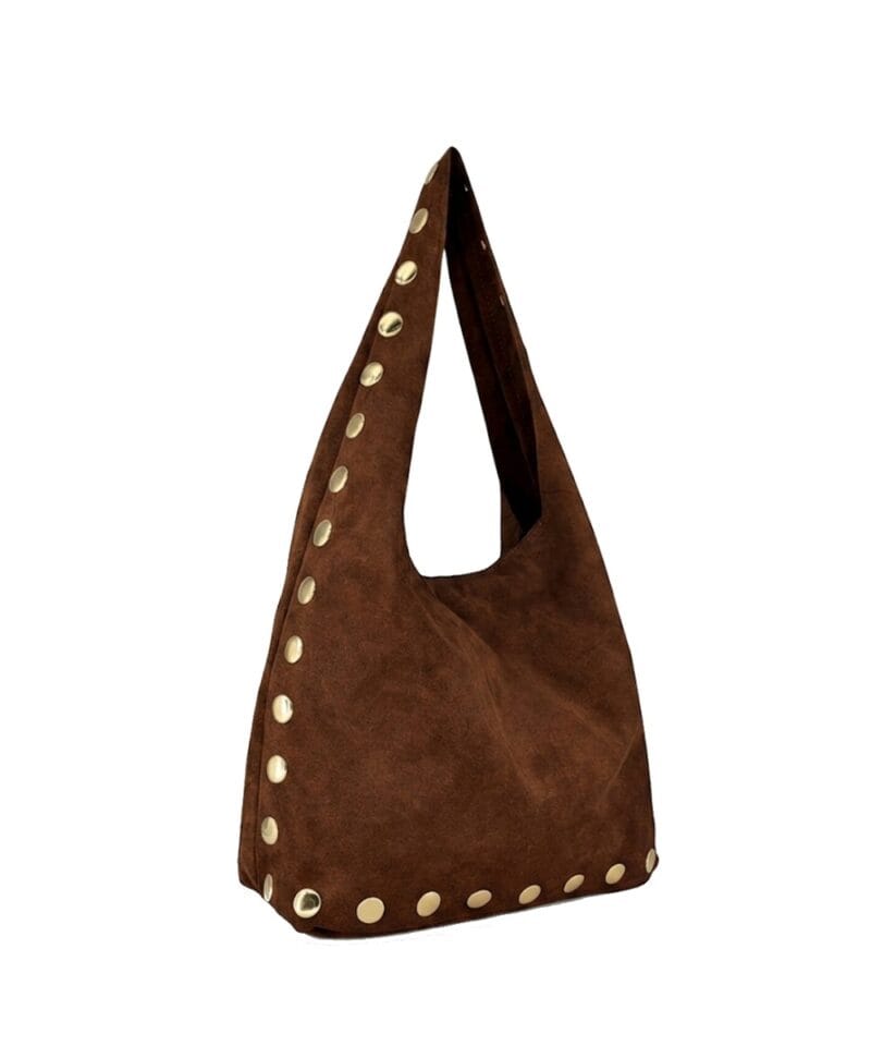 Suede Schoudertas Gouden Studs bruin bruine trendy suede hobo tas grote gouden studs kopen bestellen