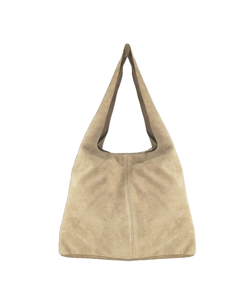 Suede Schoudertas Gouden Studs taupe trendy suede hobo tas grote gouden studs kopen bestellen nu achterkant-