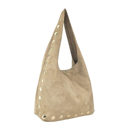 Suede Schoudertas Gouden Studs taupe trendy suede hobo tas grote gouden studs kopen bestellen zij nu-