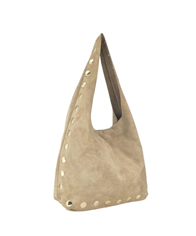 Suede Schoudertas Gouden Studs taupe trendy suede hobo tas grote gouden studs kopen bestellen zij nu-