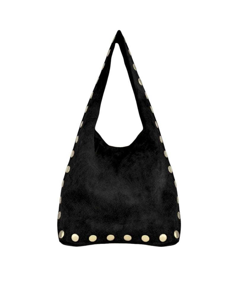 Suede Schoudertas Gouden Studs zwart zwarte trendy suede hobo tas grote gouden studs kopen bestellen nu-