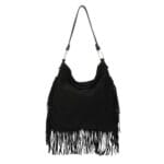 Suede Schoudertas Leonie Fringe zwart zwarte ruime suede leer schoudertassen franjes trendy chique tassen dames kopen bestellen