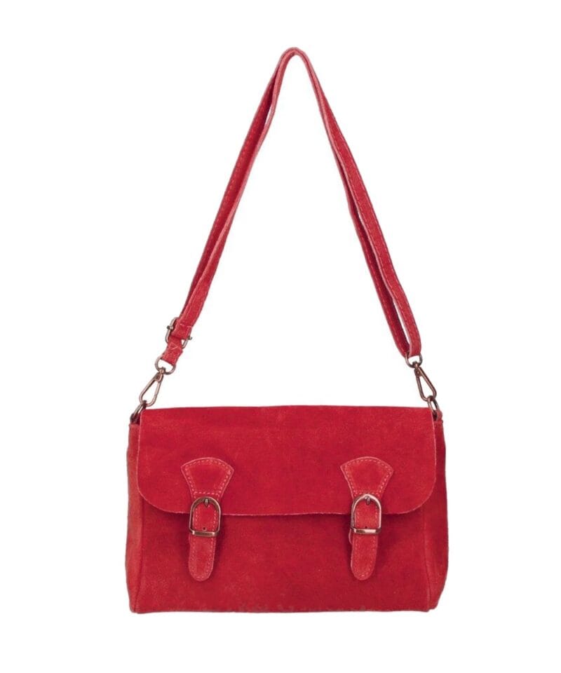 Suede Schoudertas Marcella rood rode leren schoudertassen riemsluiting trendy suede fashion tas bags kopen bestellen -Photoroom