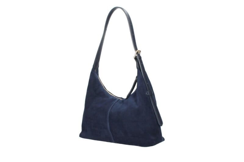 Suede Schoudertas Ofelia donker blauw blauwe ruime schoudertas leren hengsel trendy italiaans leer tassen kopen bestellen
