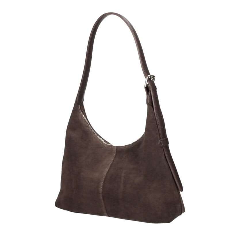 Suede Schoudertas Ofelia donker bruin bruine ruime schoudertas leren hengsel trendy italiaans leer tassen kopen bestellen