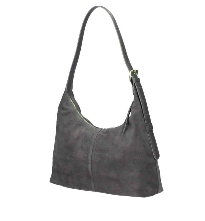 Suede Schoudertas Ofelia donker grijs grijze ruime schoudertas leren hengsel trendy italiaans leer tassen kopen bestellen