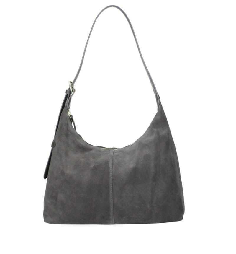 Suede Schoudertas Ofelia donker grijs grijze ruime schoudertas leren hengsel trendy italiaans leer tassen kopen bestellen achter
