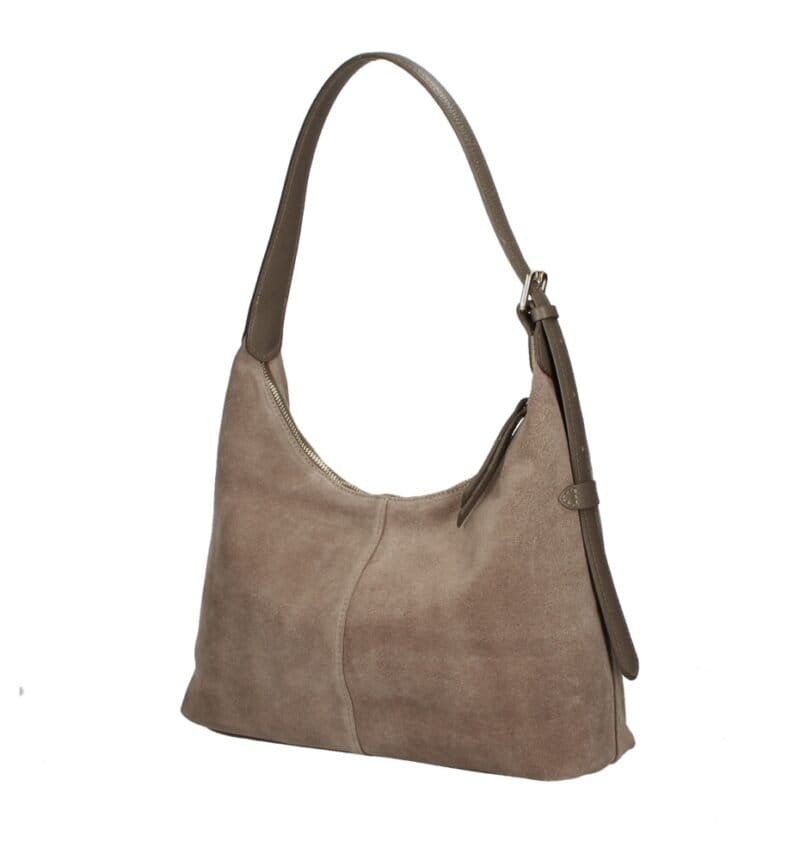 Suede Schoudertas Ofelia donker taupe ruime schoudertas leren hengsel trendy italiaans leer tassen kopen bestellen