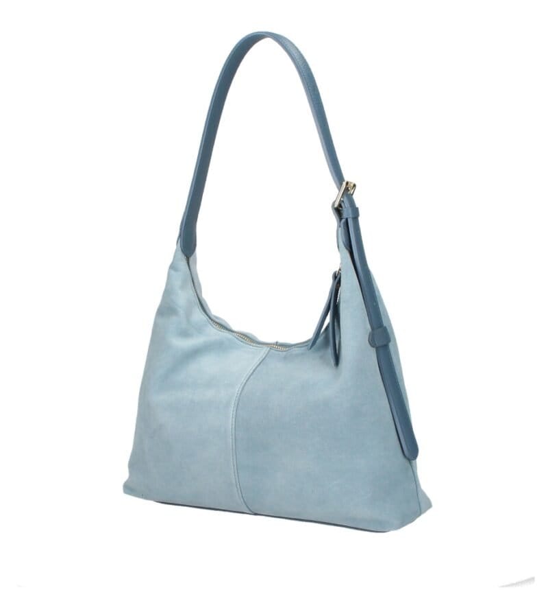 Suede Schoudertas Ofelia licht blauw blauwe ruime schoudertas leren hengsel trendy italiaans leer tassen kopen bestellen