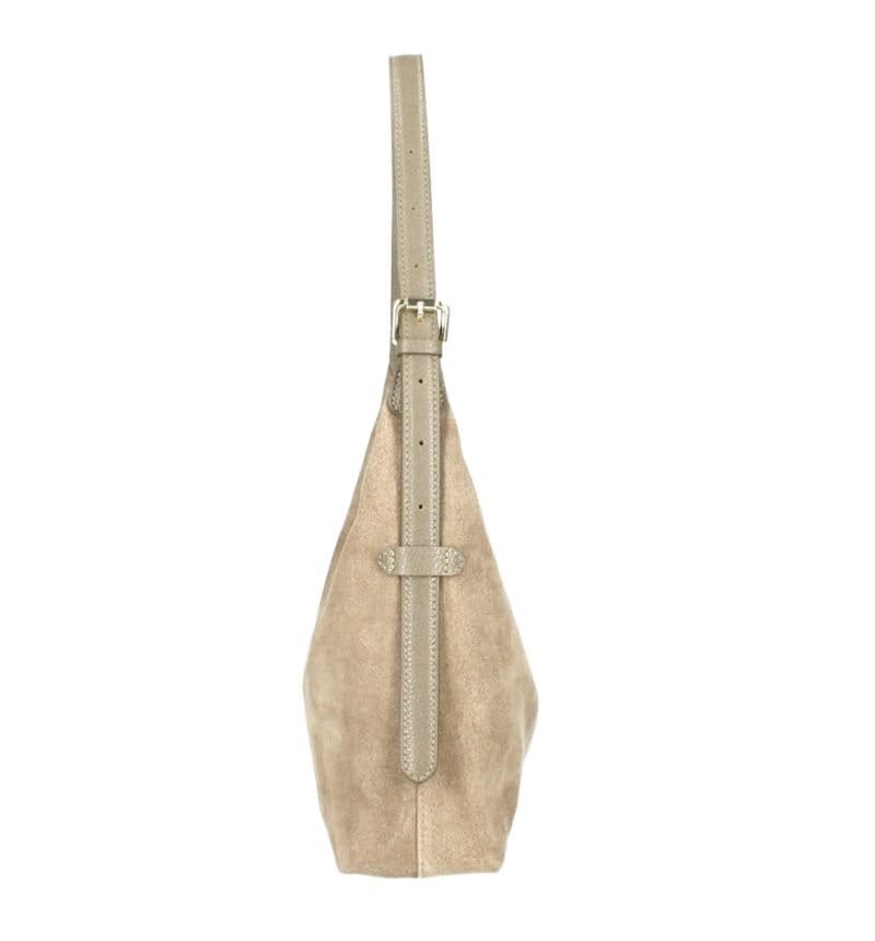 Suede Schoudertas Ofelia taupe ruime schoudertas leren hengsel trendy italiaans leer tassen kopen bestellen zij