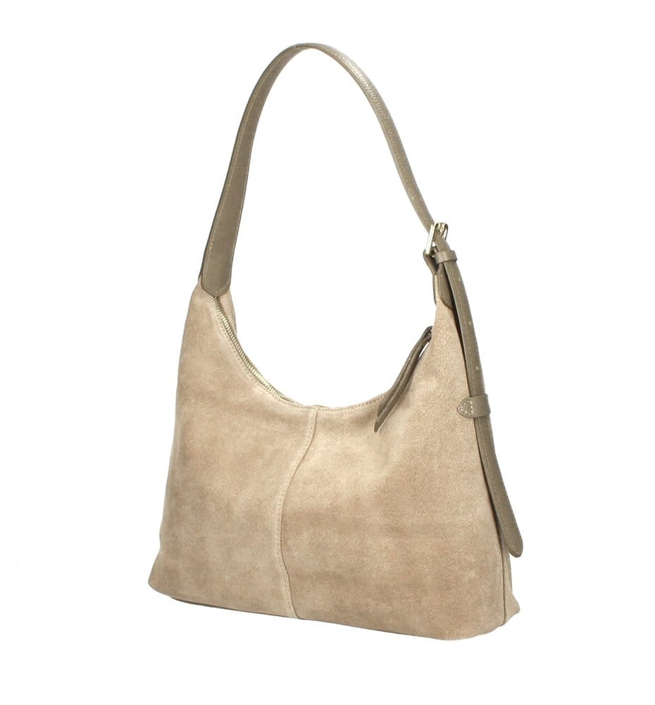 Suede Schoudertas Ofelia taupe ruime schoudertas leren hengsel trendy italiaans leer tassen kopen bestellen zijkant
