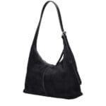 Suede Schoudertas Ofelia zwart zwarte ruime schoudertas leren hengsel trendy italiaans leer tassen kopen bestellen