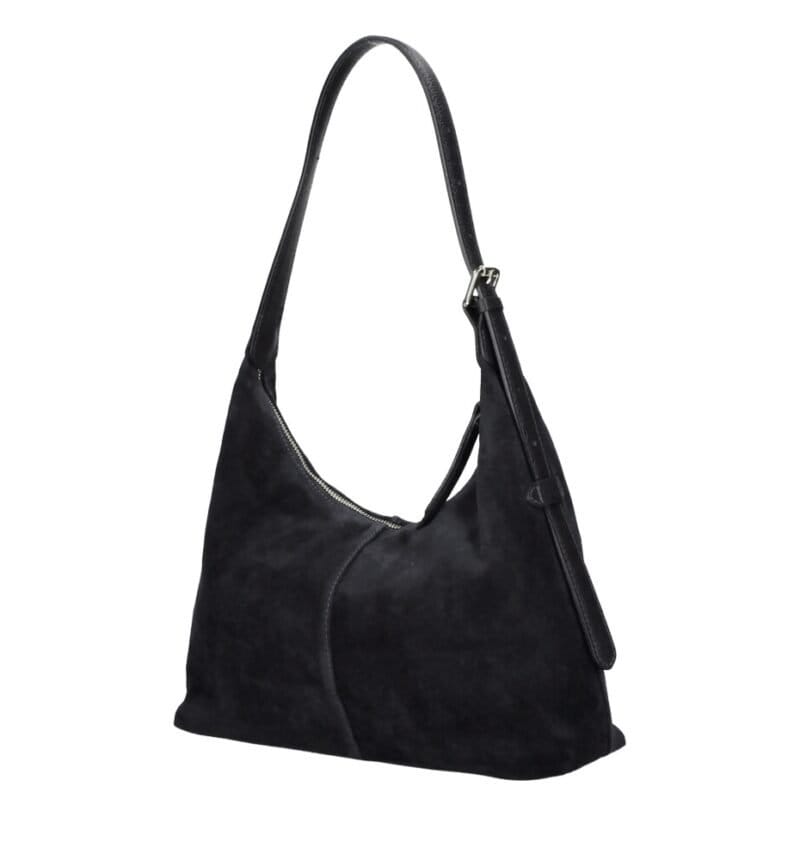 Suede Schoudertas Ofelia zwart zwarte ruime schoudertas leren hengsel trendy italiaans leer tassen kopen bestellen