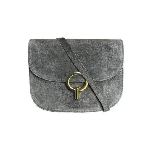 Suede Schoudertas Ronde Gesp grijs grijze leder leer schoudertassen dames stevig luxe trendy dames tassen kopen bestellen
