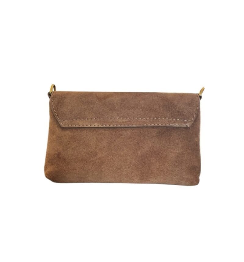 Suede Schoudertas taupe gouden sierslot suede schoudertasjes kopen bestellen draaislot achter