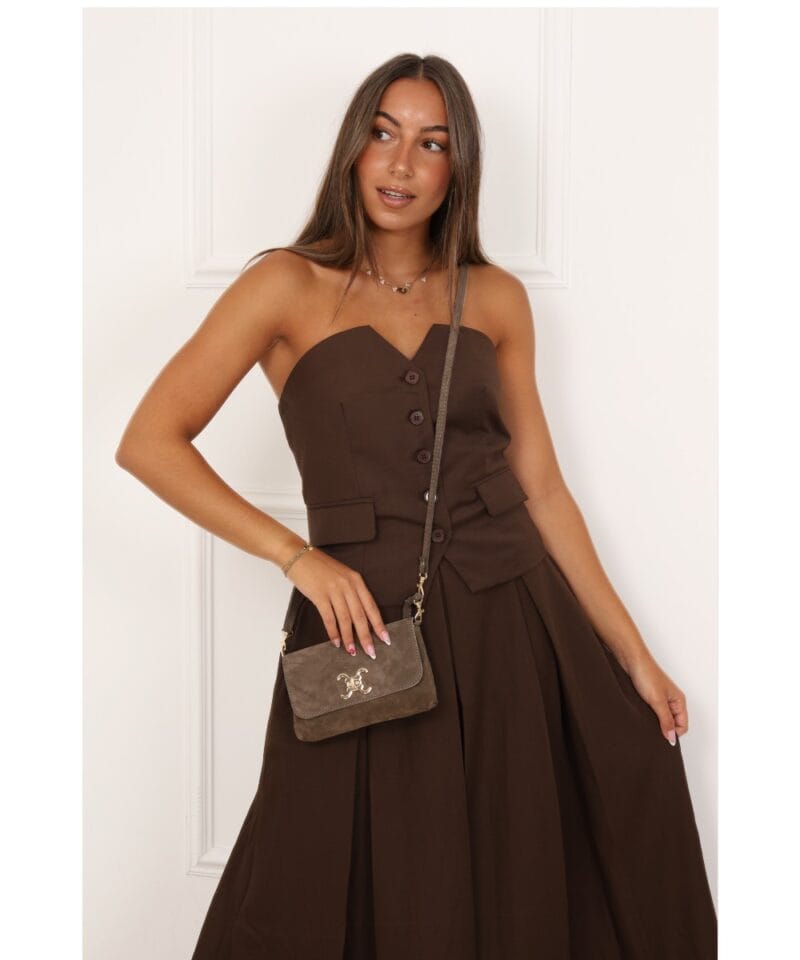 Suede Schoudertas taupe gouden sierslot suede schoudertasjes kopen bestellen1