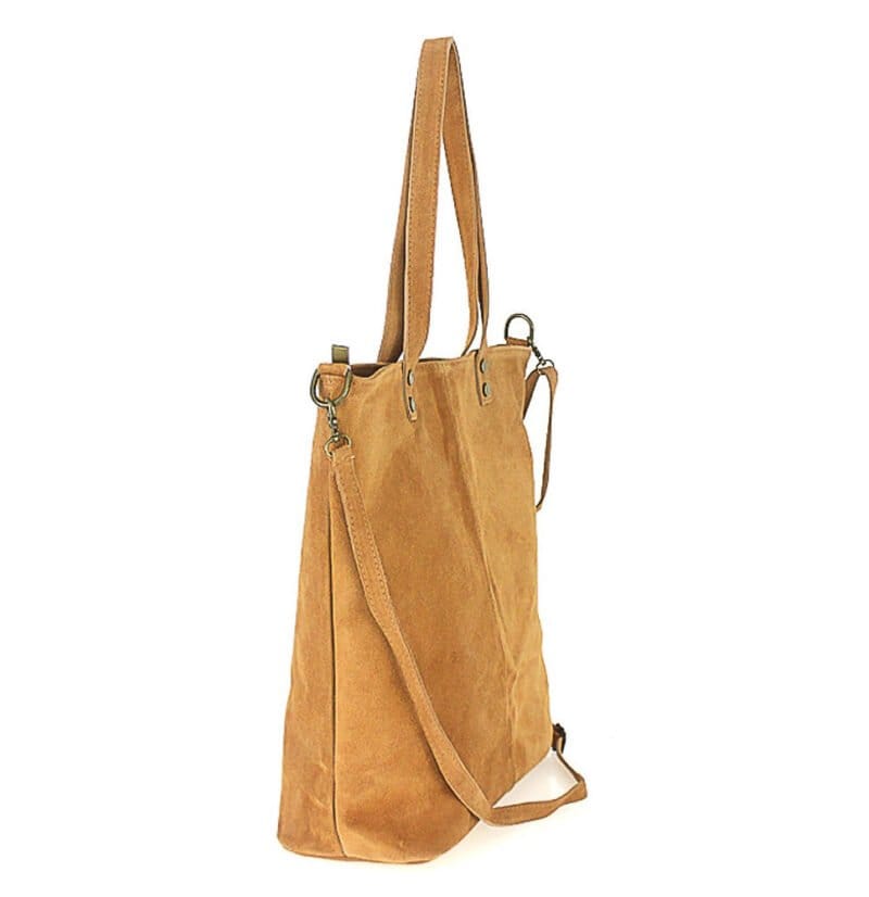 Suede Shopper Alena cognac ruime leren handtassen italiaans suede kopen bestellen zijkant